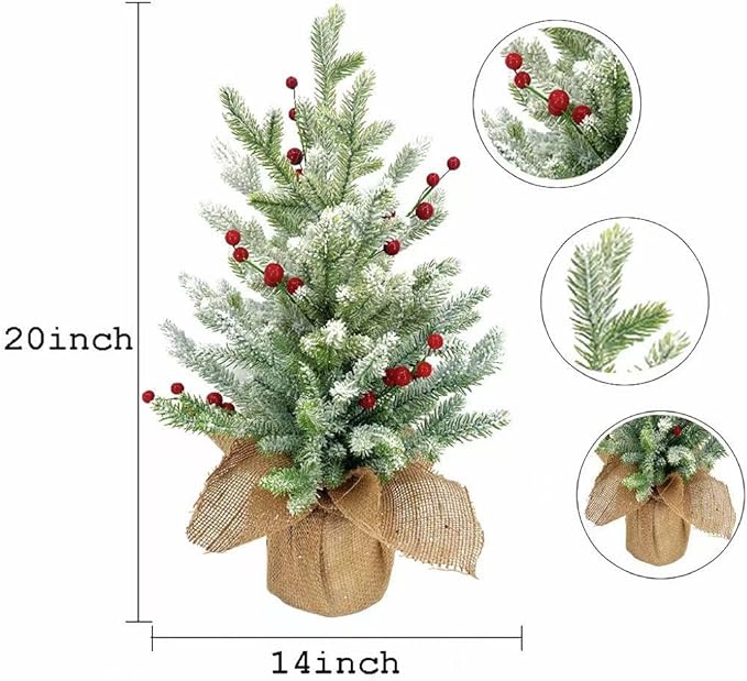 20 Inch Flocked Christmas Tree with Berry Picks - Snow Covered Artificial Tabletop Tree with Burlap Base, Mini Holiday Decor for Home Office Mantel Party