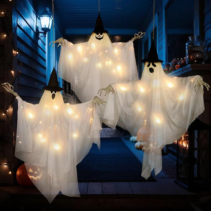 SUNBEAUTY Hanging Ghost, Halloween Decorations Outdoor/Indoor-3Pcs Ghost Decor with Light, Halloween Ornaments, Hallowee n Decor for Tree, Yard, Window, Garden