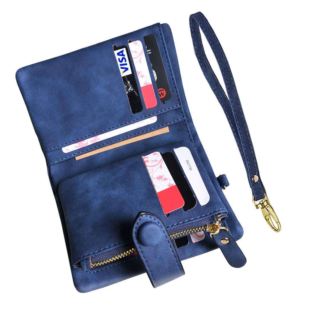 AOXONEL Women's Small Bifold Leather wallet Rfid blocking Ladies Wristlet with Card holder id window Coin Purse (Blue)