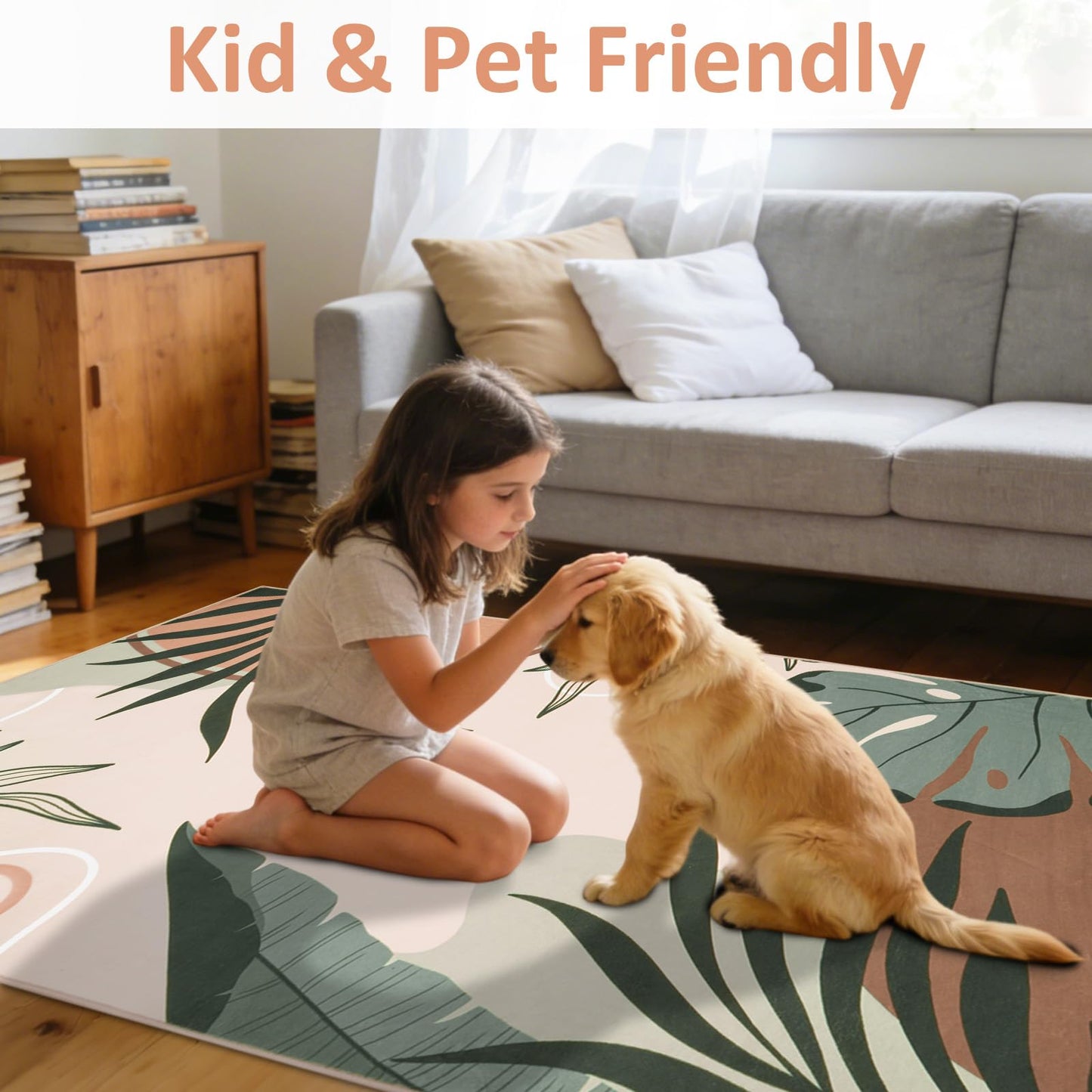 Instellar 5x7 Washable Area Rug for Living Room–Low Pile Non Slip Green Botanical Leaf Carpet for Bedrooms Kitchen Dining Room and Kids' Room,Pink