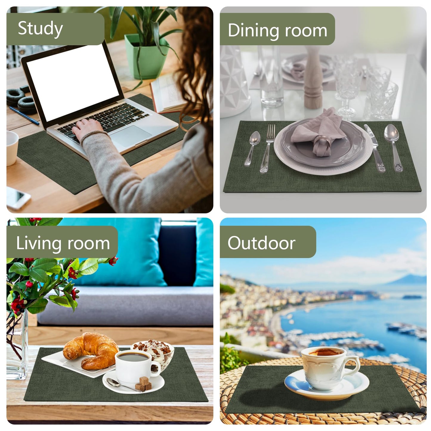 JUCCWARM Faux Leather Placemats Set of 6,Heat Resistant Placemats for Dining Table, Easy Clean Non-Slip Place Mats, Waterproof Stain Resistant Wipeable Washable PU Table Mats, (Dark Green)