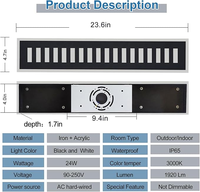2-Pack Outdoor Wall Light LED 24W 23.6in Long - Black Metal Waterproof Modern Exterior Lighting Fixture,Frosted Acrylic Porch Sconce,for Patio,Garage,Courtyard (3000K-6000K)