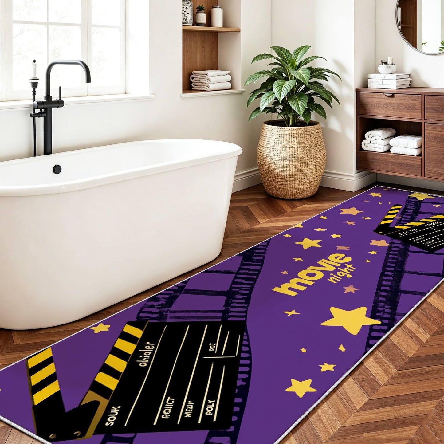 Retro Home Theater Runner Rug 2x6ft Black Clapboard & Film Reel Pattern, Non-Slip Movie Theater Carpet for Hallway, Kitchen, Playroom, Nursery, Farmhouse Decor
