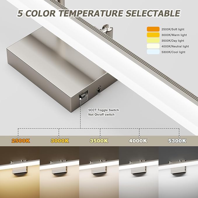 Brushed Nickel Vanity Light 24", 5CCT Dimmable LED Bathroom Light Bar, 18W Wall Mount Fixture with Adjustable Angle & ETL Driver – Modern Lighting for Bathroom, Powder Room, Bedroom