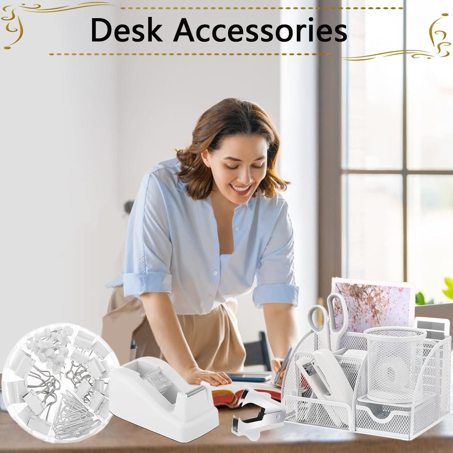 Office Supplies,Desk Accessories,Stapler and Tape Dispenser Set,1000 Staples,Staple Remover,Pen Holder,Folding Phone Holder,Journal Notebook,Ballpoint Pen,Scissor,Ruler,Clear Tape,Sticky Notes,Ect