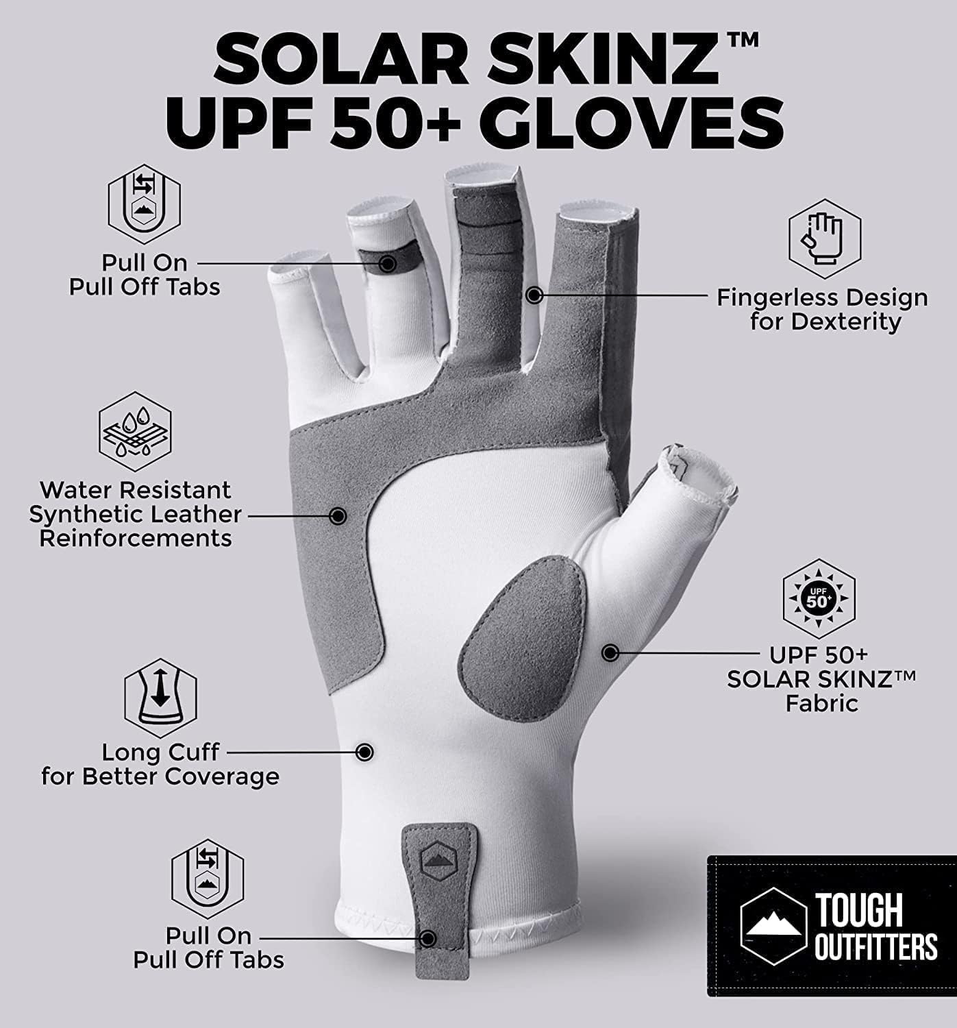 Tough Outdoors Fingerless Fishing Gloves - UPF 50+ UV Gloves - Reinforced Grip for Kayaking & Rowing - Fishing Accessories - White - L/XL