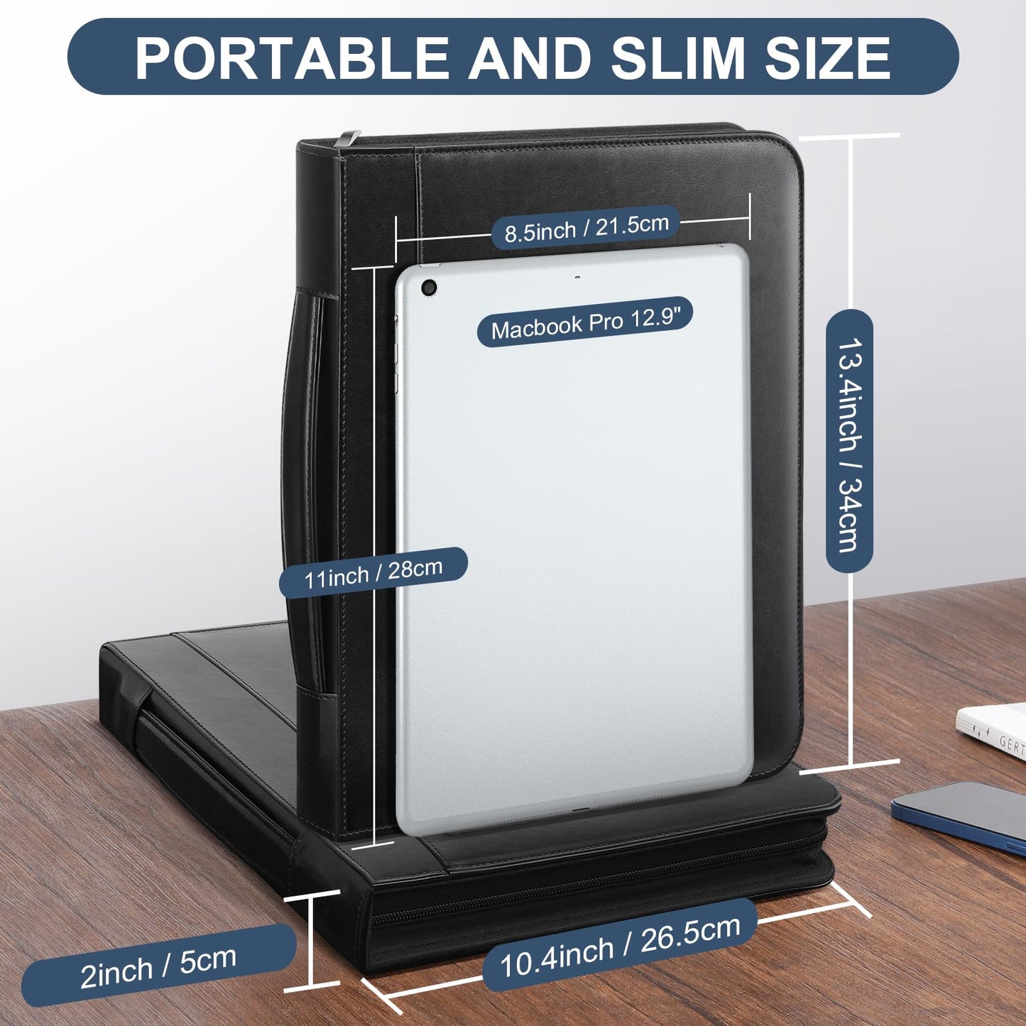 Padfolio Portfolio Organizer Binder with Zipper and Hidden Handle, PU Leather Portfolio Folder for Documents, Business Card Holder, Notepad Padfolio for Men&Women (Black)