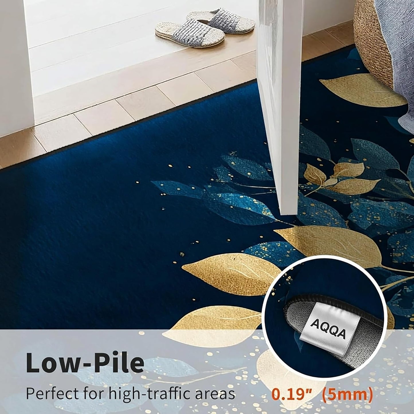 AQQA Quiet Luxury Abstract Leaves Area Rug - Navy & Gold Foil Texture Art Carpet - Machine Washable Faux Cashmere Rug - Non-Slip Decorative Floor Mat for High-End Home Decor