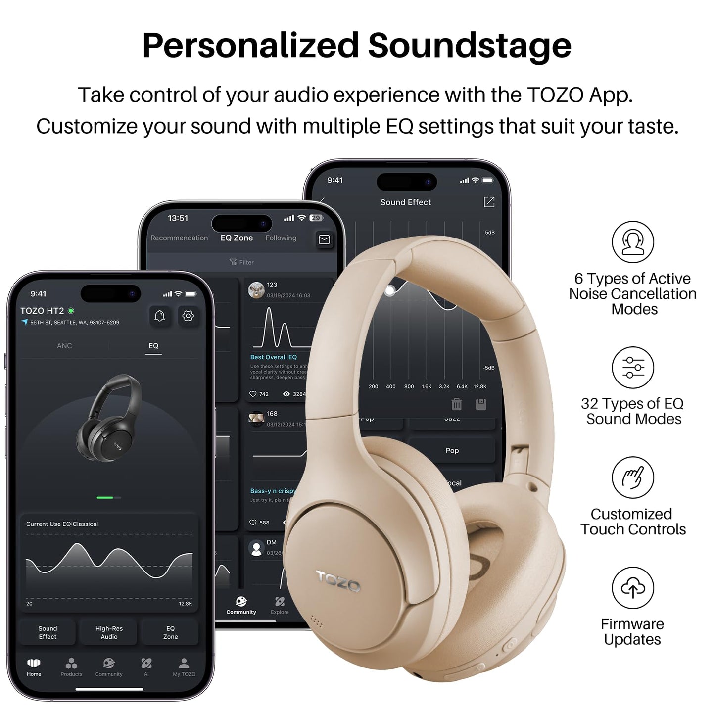 TOZO HT2 Hybrid Active Noise Cancelling Headphones, Wireless Over Ear Bluetooth Headset, 60H Playtime, Hi-Res Audio Custom EQ via App Deep Bass Comfort Fit Ear Cups, for Home Office Travel
