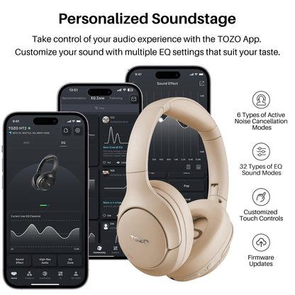 TOZO HT2 Hybrid Active Noise Cancelling Headphones, Wireless Over Ear Bluetooth Headset, 60H Playtime, Hi-Res Audio Custom EQ via App Deep Bass Comfort Fit Ear Cups, for Home Office Travel