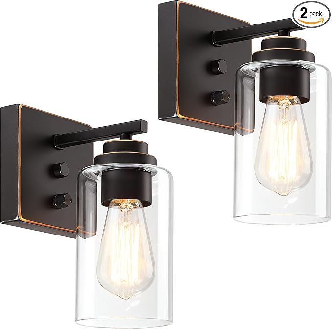 Pia Ricco Wall Sconces Set of 2, Bedside Wall Lamps with Switch for Bedroom, Modern Bathroom Light Fixtures with Clear Glass Shade, Oil Rubbed Bronze Sconces Wall Lights for Living Room, Hallway
