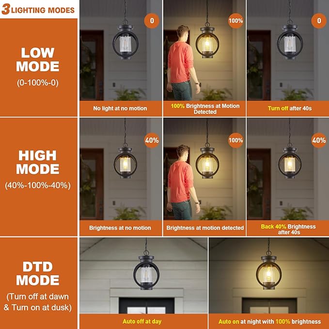 Motion Sensor Outdoor Pendant Light Fixture, Farmhouse Exterior Hanging Lamp with Adjustable Chain, Anti-Rust Aluminum Outdoor Chandelier, Large Exterior Ceiling Mount Hanging Light for Entryway,Porch