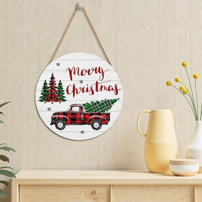 Merry Christmas Door Sign,ChristmasTree Decorations Wooden Holiday Hanging Sign for Front Door, Winter Decorations for Home Garden Christm New Year 12"x12"