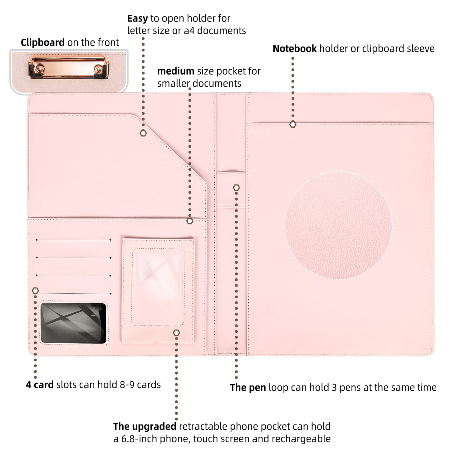 Leather Portfolio Organizer Women Clipboard with Storage Pink Clip Board for Notepad,Phone,Cards