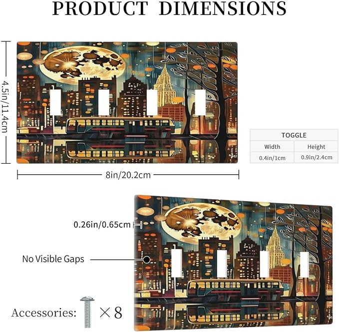 City Light Moon Bus Abstract Art Light Switch Covers Quad Toggle 4 Gang Wall Plate Decorative Switchplate Electrical Faceplate for Farmhouse Bathroom Living Decor