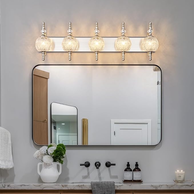 Modern Crystal Bathroom Vanity Lights Fixtures Over Mirror Brushed Nickel Vintage 5-Lights 36 Inch Bathroom Light Fixtures Glass Crystal Vanity Lights