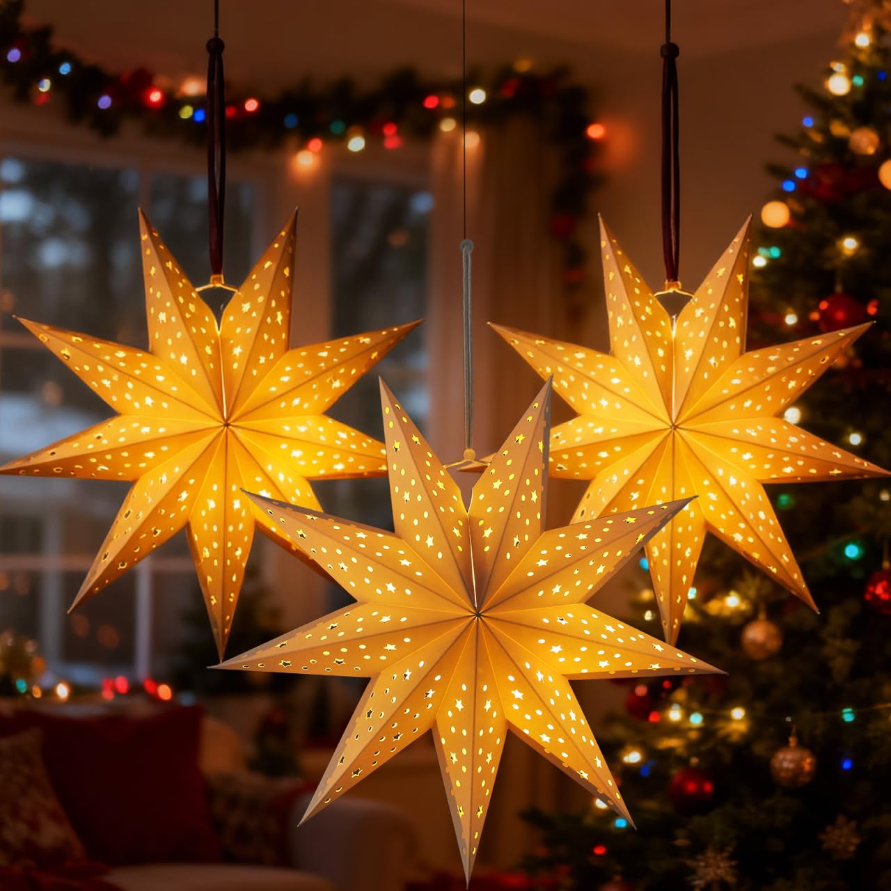 Toddmomy 3 Pack 14 Inch White Paper Star Lampshades - 3D Hollow Hanging Pendant Decor Paper Star Lanterns for Christmas Wedding Birthday Home Party Festival New Year Valentine's Day