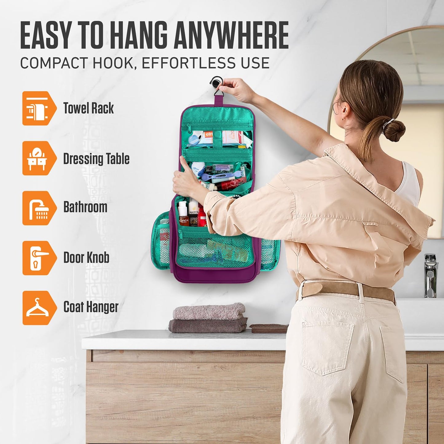 VENTURE 4TH Hanging Travel Toiletry Bag for Women & Men - Travel Organizer with Expandable Compartments & Removable Clear Pouch for Toiletries (Purple/Mint)