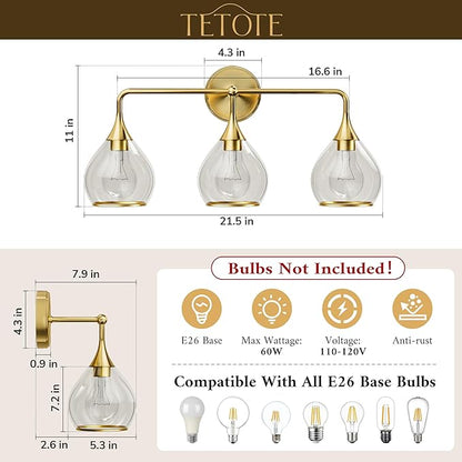 TETOTE 3-Light Modern Bathroom Light Fixtures, 3 Light Vanity Lights Over Mirror Gold Wall Lamp with Clear Glass for Bathroom, Mirror, Living Room, Bedroom, Hallway