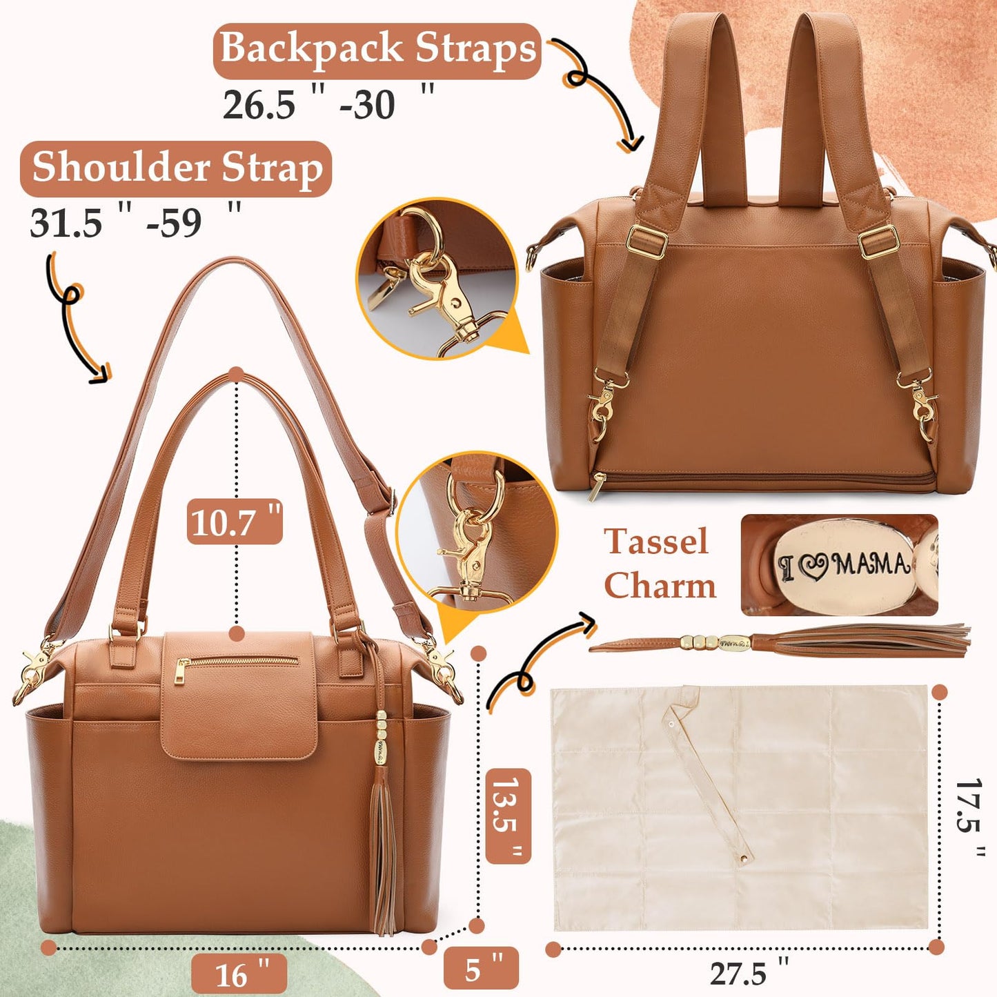 Omanmoli Diaper Bag Tote Leather Diaper Bag Backpack Large Baby Bag 14 Diaper Organizing Pouches,Changing Pad,Crossbody Strap,4 Insulated Pockets,Brown