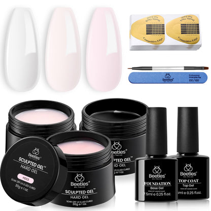 Beetles Builder Gel for Nails-3 Colors 9 in 1 Nail Extension Sculpting Building Clear Nude Pink Hard Gel Kit with Base Top Coat for Pros Women,UV & LED Lamp Cured Needed