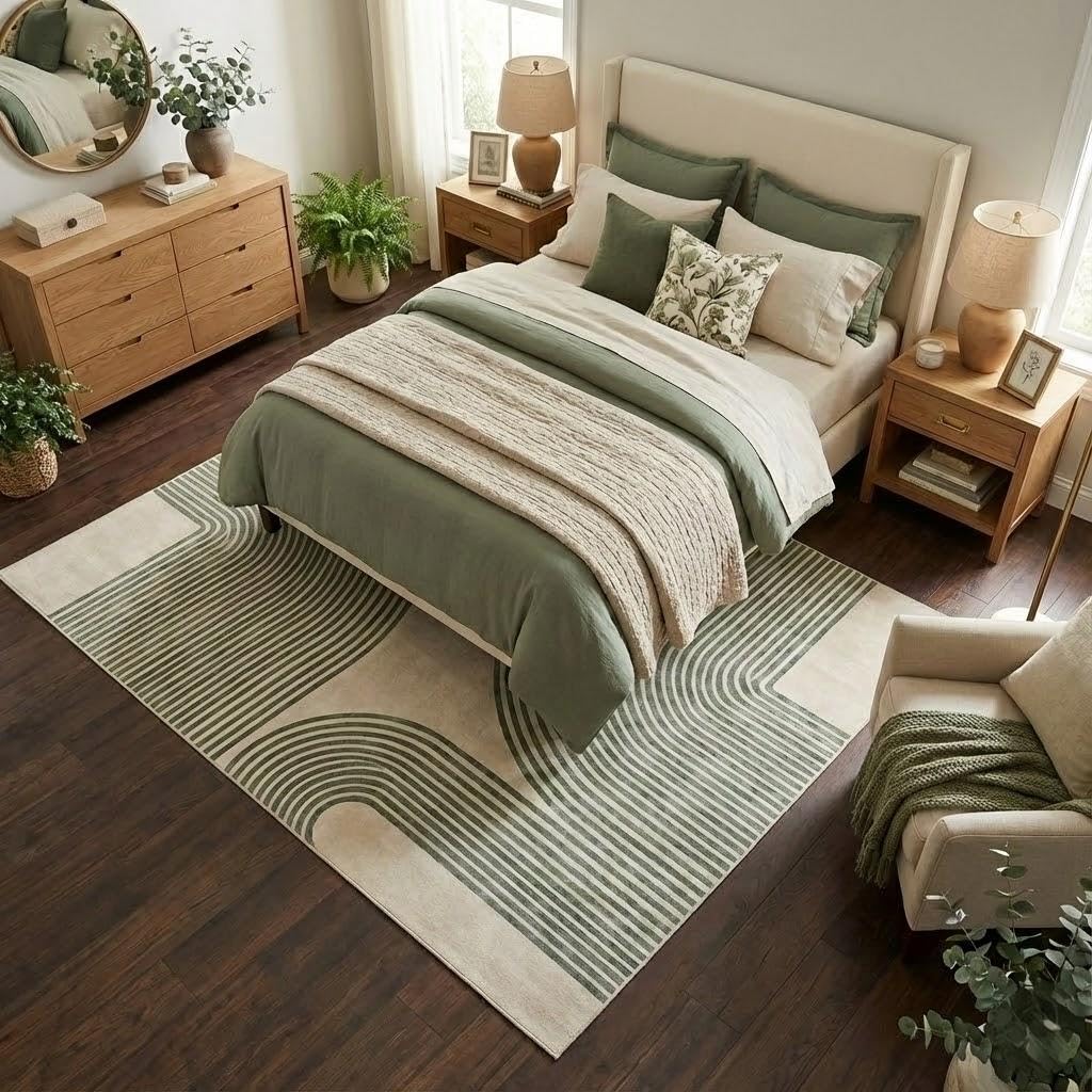 ERYATOU 5x7 Area Rug for Living Room, Green and Beige Modern Geometric Arch Stripe Rug, Machine Washable Non-Slip Low Pile Faux Cashmere Carpet for Bedroom, Dining Room, Home Office