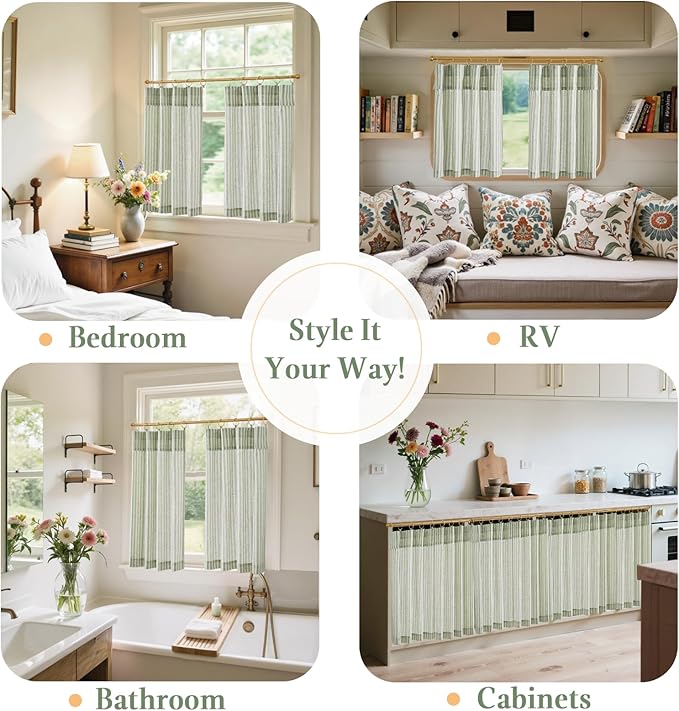 jinchan Striped Linen Kitchen Curtains with Attached Valance 36 Inch Length Cafe Tier Curtains for Living Room Rustic Half Window Light Filtering Rod Pocket Small Drapes 2 Panels Green