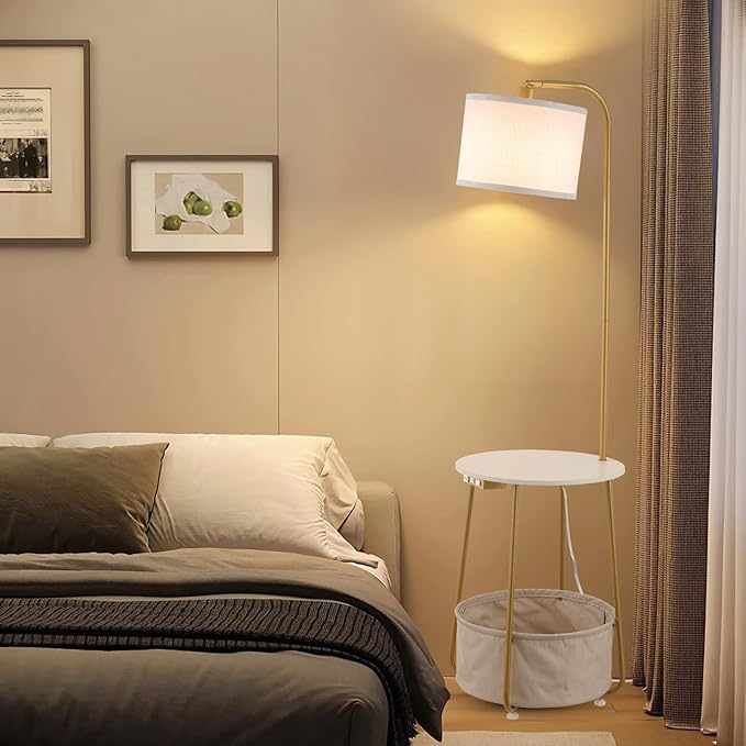 Floor Lamp with Cat Bed and Charging Station, Adjustable Lampshade, 3 Color Temperatures, Remote & Foot Switch Control, Standing Lamp with USB & AC Outlets for Living Room Bedroom, Gold