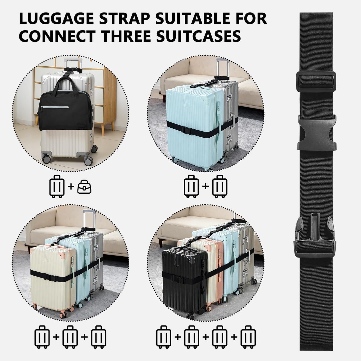 3 Packs Luggage Straps for Suitcases, 2 Luggage Connector Straps & Elastic Strap, Connect Up to 4 Suitcases ＆ Add a Bag, Heavy Duty Adjustable Travel Belt for 20-32 Inch Luggage, Black