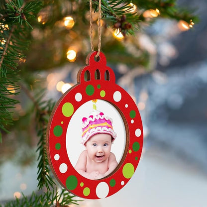 24 Pcs Christmas Pictures Frame Ornaments Bulk Wooden Red Green White Dots Christmas Photo Ornaments Hanging Picture Frames Memories Gifts Keepsake for Tree