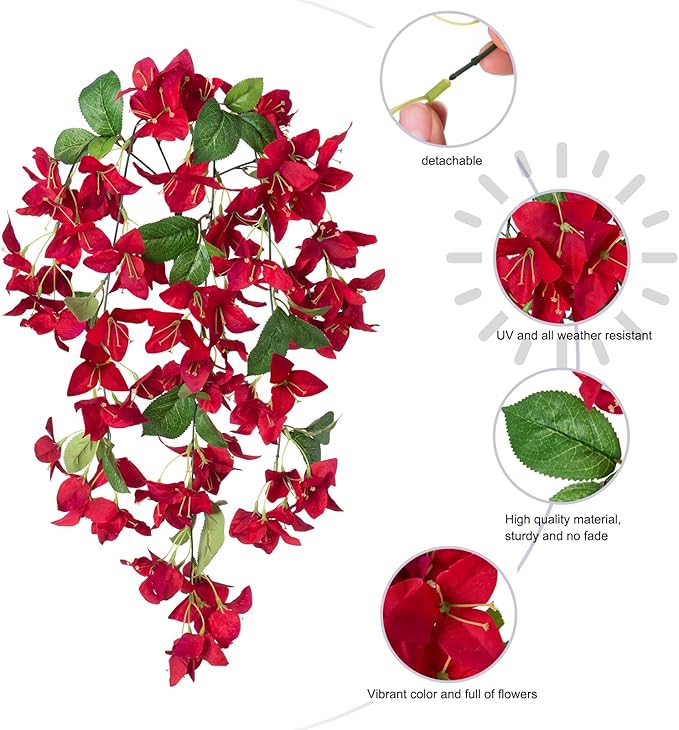 2PCS Bougainvillea Artificial Hanging Flowers Plants for Outdoors Outside Fall Decoration, Faux Silk Flowers Fake Vines UV Resistant Look Real Realistic for Front Door Porch Planter Balcony, Red