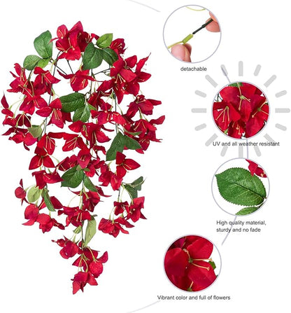 2PCS Bougainvillea Artificial Hanging Flowers Plants for Outdoors Outside Fall Decoration, Faux Silk Flowers Fake Vines UV Resistant Look Real Realistic for Front Door Porch Planter Balcony, Red