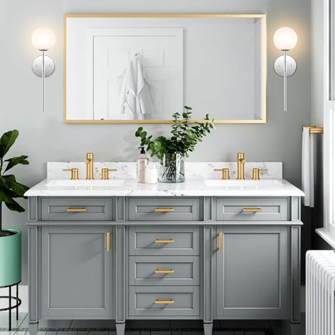 Modern Wall Sconce Set of 2 White Globe Glass Shades Mid Century Bathroom Vanity Wall Light Fixtures Industrial Wall Lamp for Bedroom Mirror Living Room Restaurant (Chrome Color)
