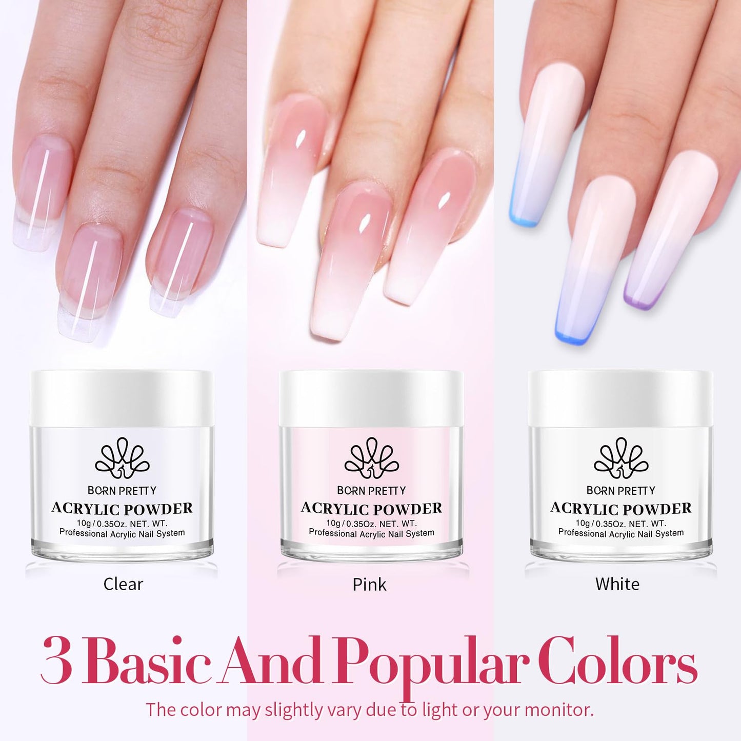BORN PRETTY Acrylic Nail Kit - Acrylic Powder (Clear, White, Pink) & Liquid Set with Nail Forms, Brush Pen, File & Glass Container - Beginner Friendly