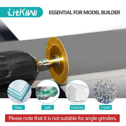 LitKiwi Mini Glasses Cutting Disc,1mm Ultra-Thin Diamond Cutting Blade Wheel,with 2 Sizes Round Mandrels,for Cutting Glass, Jade, Crystal, Ceramics and etc.