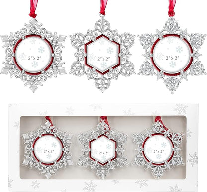 West style Snowflake Picture Frame Ornament Christmas Tree Ornaments Set 3 Pieces-Metallic Hanging Home Deco Hanging Pendant Holiday Keepsake Gift (Red, 3 Pieces)