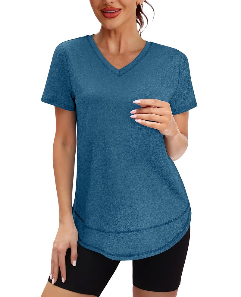 Short Sleeve Shirts for Women Workout Pilates Outfits Tennis Summer Tops 2026 Beach Vacation Clothes V Neck Blue Green M