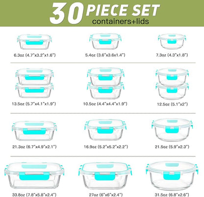BAYZZ 30 Piece Glass Food Storage Containers Set, Glass Meal Prep Containers with Lids, Airtight Lunch Box, BPA-Free, Microwave, Freezer & Dishwasher Safe,Green