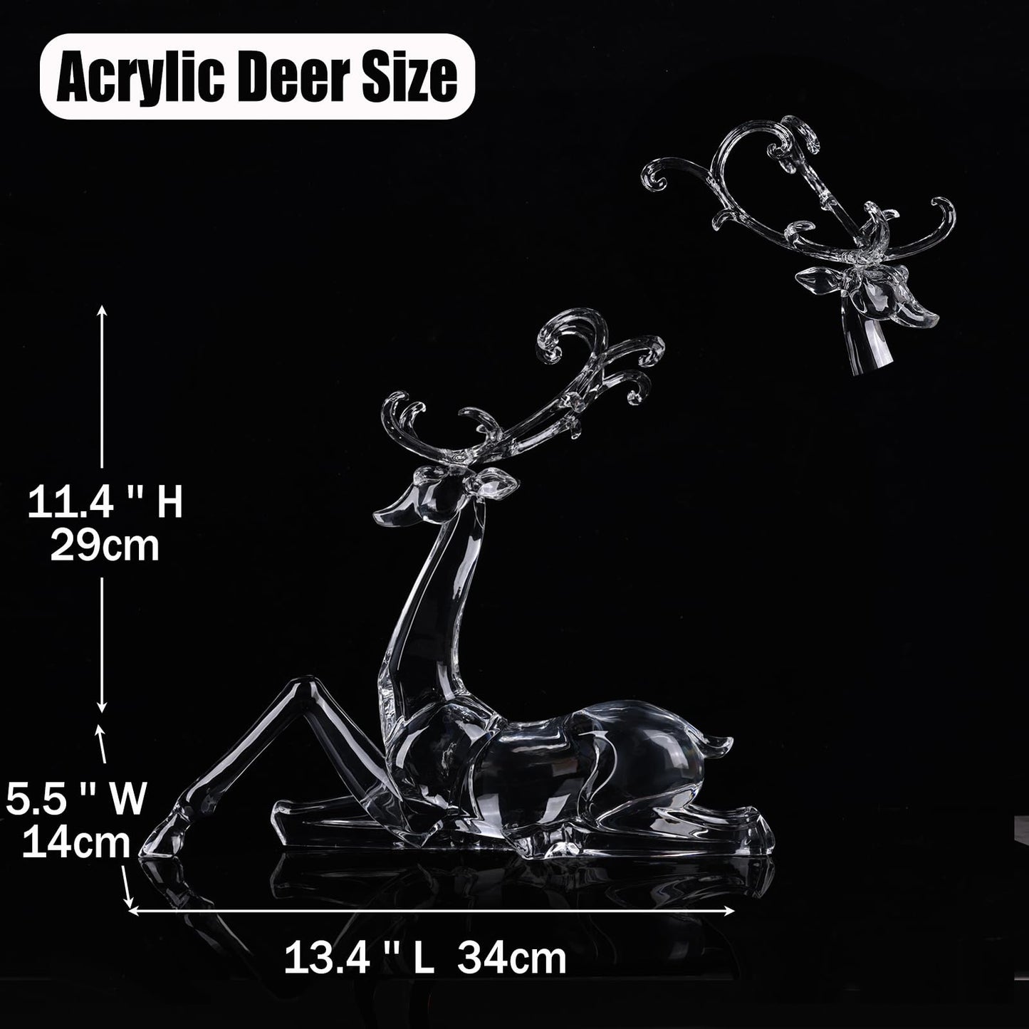 LINYTHER Large Luxury Clear Acrylic Reindeer Figurine for Christmas Decor, Elegant Transparent Crystal-Like Deer Sculpture for Table, Shelf, and Decorative Centerpiece (White Sitting 11.4")