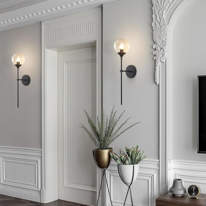 KCO Lighting Mid Century Modern 1-Light Wall Sconce Lighting Set of Two Matte Black Globe Vanity Wall Light Fixture Set of 2 Amber Glass Bathroom Wall Lamp Industrial Long Pole Wall Sconce