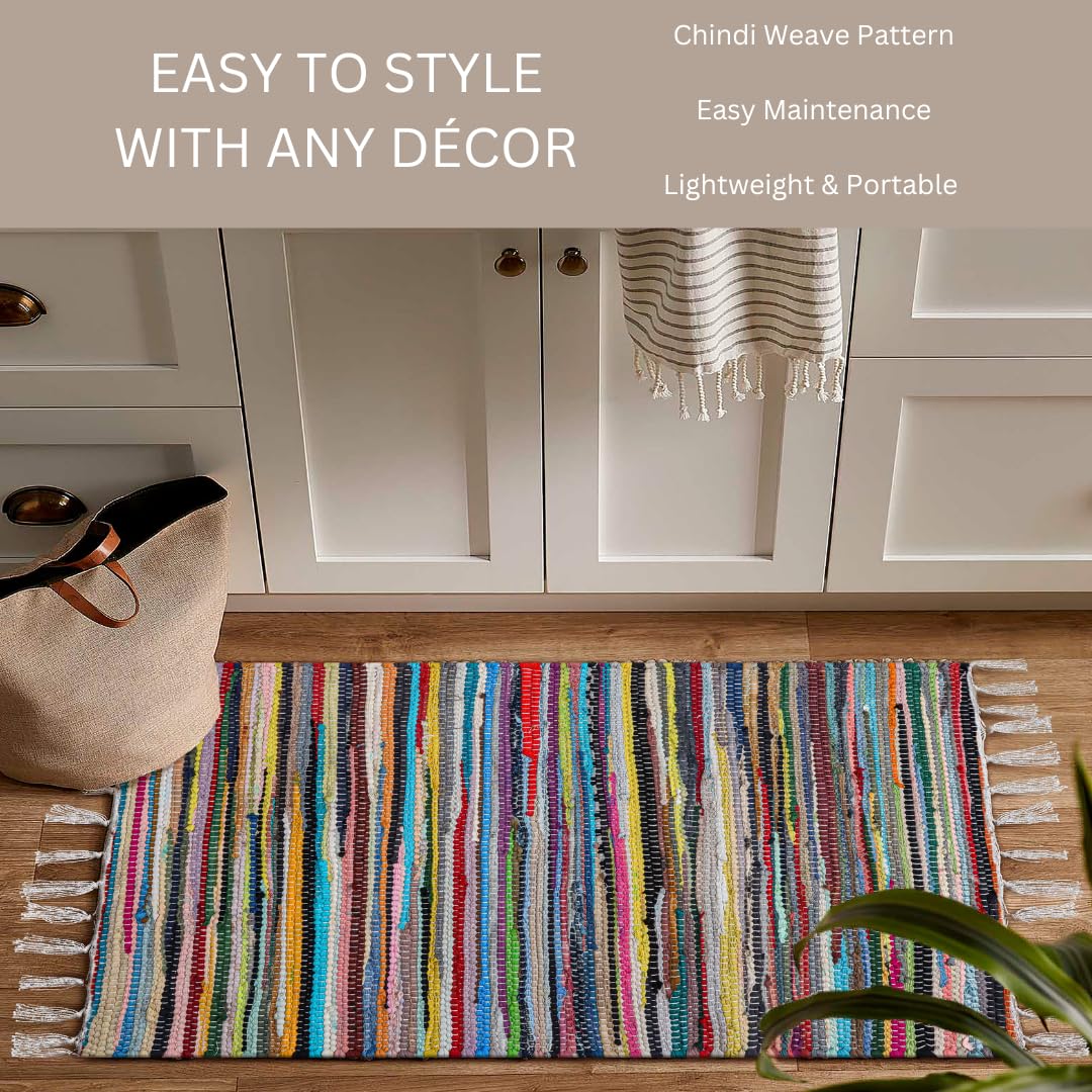 CottonCove Cotton Chindi Rug - Boho Rustic Area Accent Throw Rug - Area Floor Carpet for Bedroom Living Room Kitchen Dorm Entryway Hallway - 20x32 inch Hand Woven Reversible Area Rug Multi Color