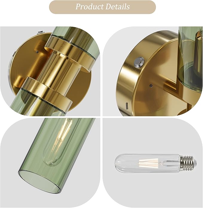 Rechargeable Battery Wall Sconce Set of Two, 8000mAh Cordless, Dimmable, Timer, Remote, Touch Control, USB-C Charging for Living Room, Bedroom Gold with Green Lampshade (Include 4 Special Bulbs)