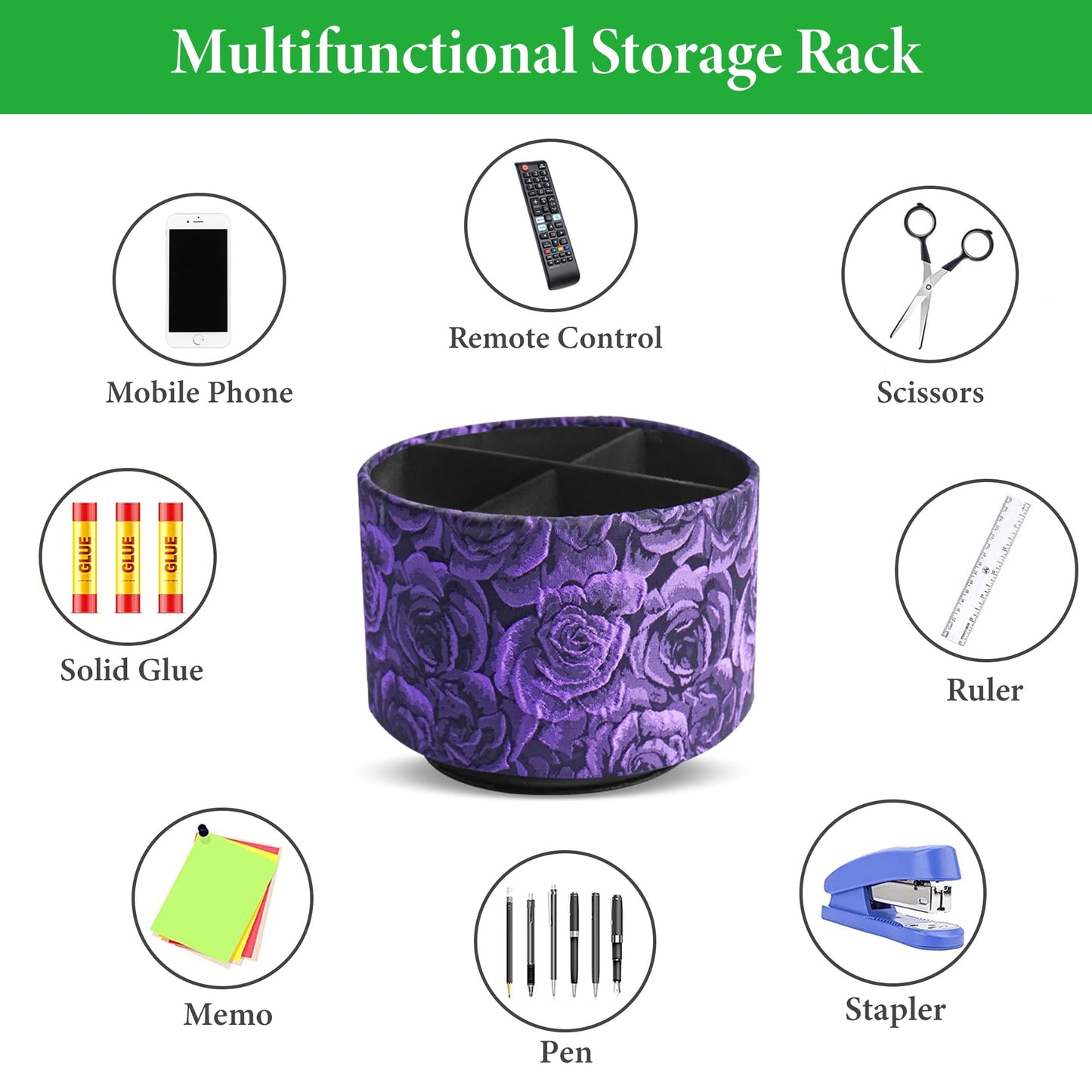 QIELIZI Round Leather Art Supply Organizer,Remote Control Holder,360 Degree Rotating,Multi-Functional Pencil Holder,4 Compartments Desktop Stationary Organizer(1-3D Rose Purple)