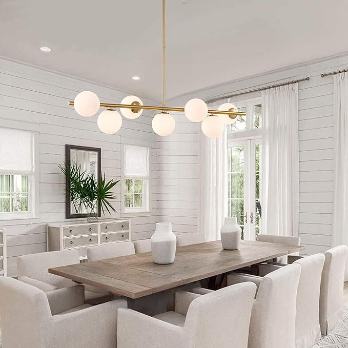 7 Lights Modern Sputnik Chandelier Globe White Glass Shade Brass Linear Mid Century Farmhouse Pendant Light Fixture for Kitchen Island Bedroom Dining Lighting (Gold)