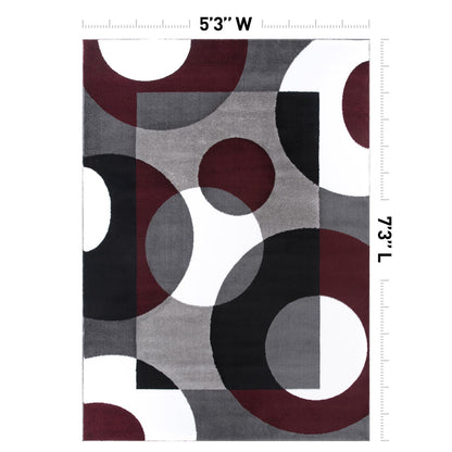 Rugshop Burgundy Geometric Area Rug, Contemporary Circle Design, Non-Shedding, Easy-Care Style for Living Room, Bedroom and Home Office, 5'3" x 7'3"