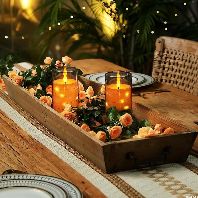 Homemory Flameless Candles with Embedded Star String Fairy Lights, Battery Operated Candles, LED Candle, Fake Candles with Remote Control and Timer, Grey, Set of 2(H 6" 6")