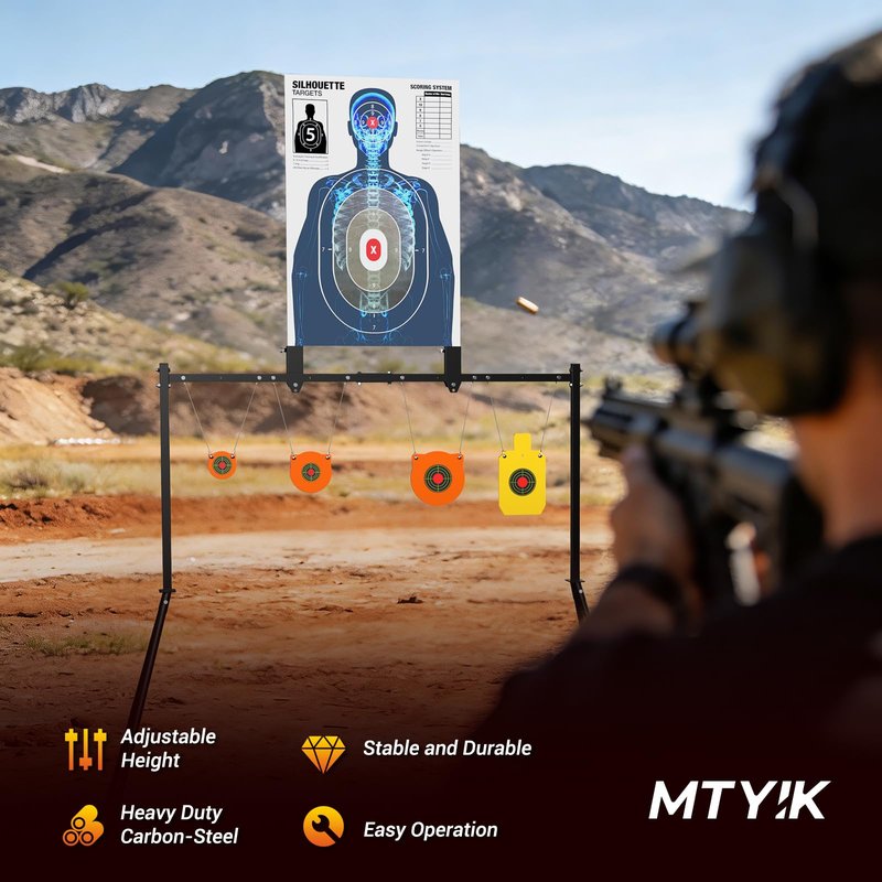 AR500 Steel Targets and Stand System Kit - 3/8" Thick with 4",6",8" Gongs & 7"x12" Torso, Adjustable 35.5"-63.5" Shooting Target Stand, Bonus 10pc Paper Targets & 10 Stickers for Outdoor Rifle Pistol