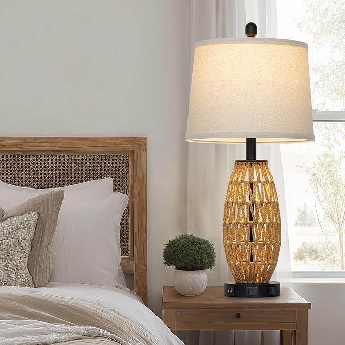 27" Rattan Table Lamps Set of 2, Boho Bedside Lamp for Bedroom with Night Light, Coastal Woven Wicker Nightstand Lamps with USB A+C Charging Port & AC Outlet, Tall Farmhouse Living Room Lamp