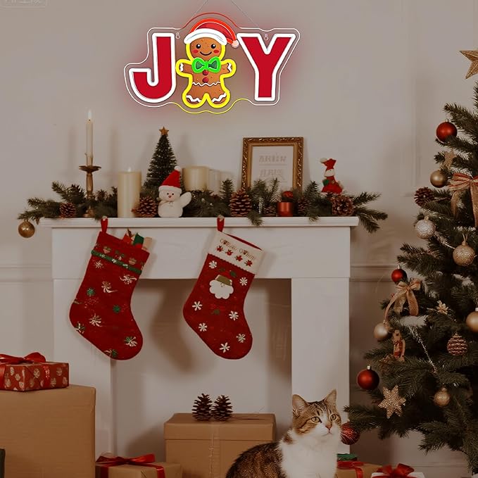JOY Gingerbread Man Neon Sign – Christmas LED Wall Light with Santa Hat & Holiday Décor – Festive Neon Sign for Home, Parties, and Seasonal Decorations