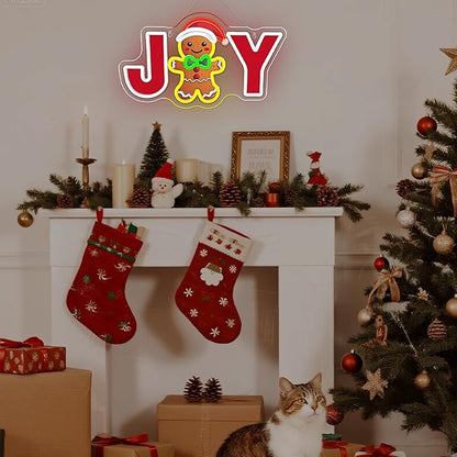 JOY Gingerbread Man Neon Sign – Christmas LED Wall Light with Santa Hat & Holiday Décor – Festive Neon Sign for Home, Parties, and Seasonal Decorations